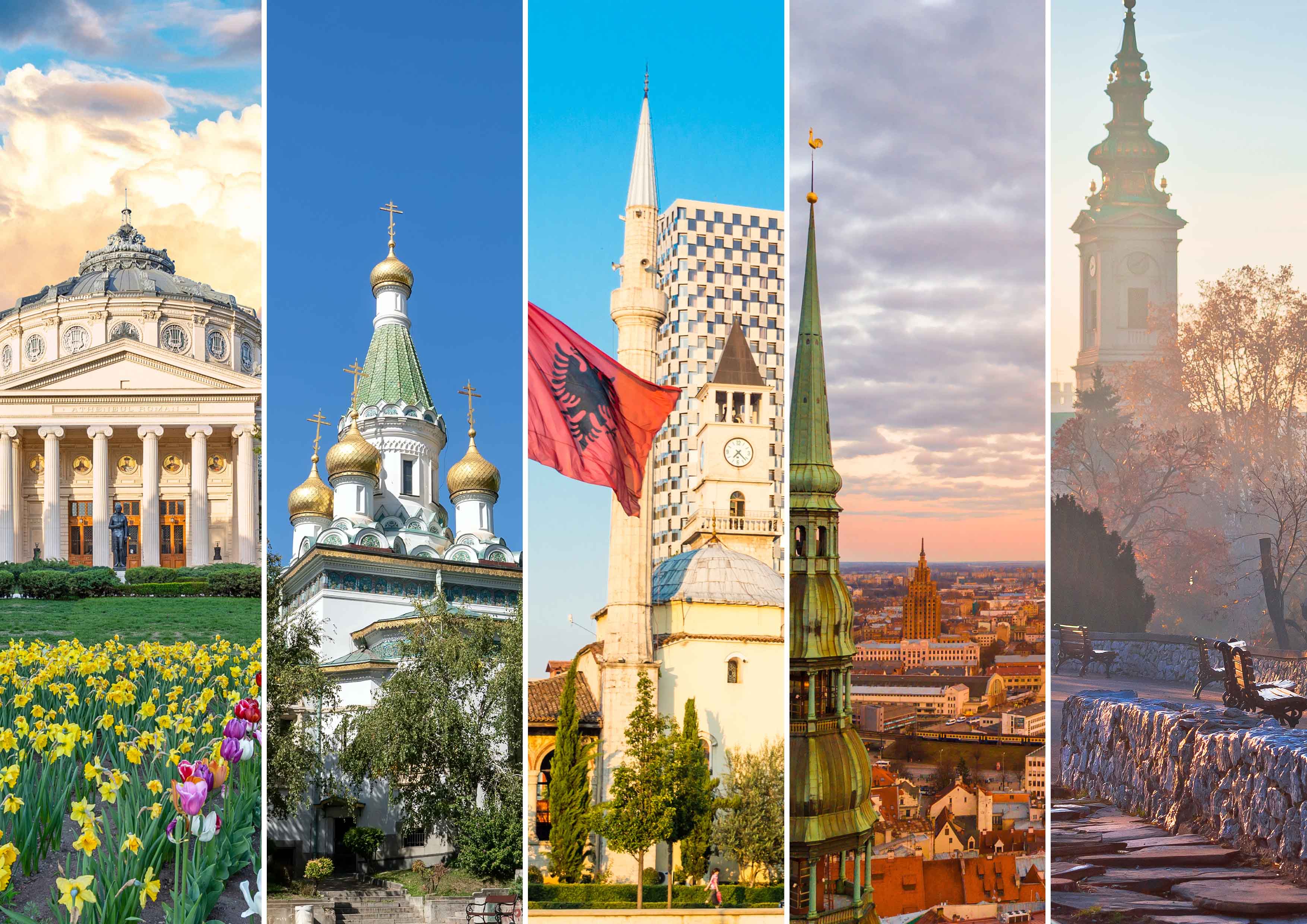 Collage of European architectural landmarks showcasing diverse cultural heritage, including iconic buildings and scenic backgrounds under vibrant skies.