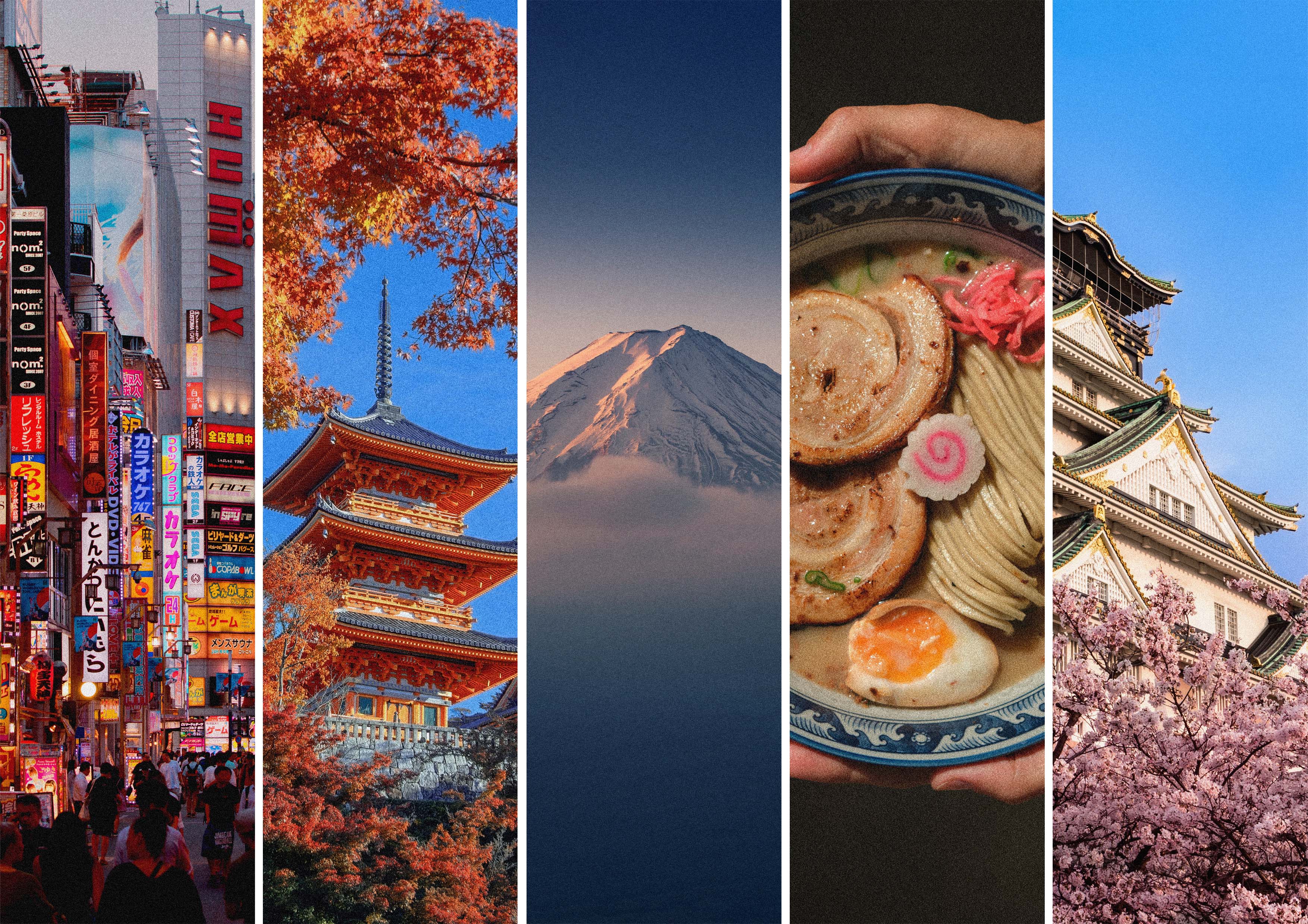 Vibrant collage of Japan: bustling Tokyo street, autumnal pagoda, Mount Fuji, traditional ramen bowl, and Osaka Castle with cherry blossoms.