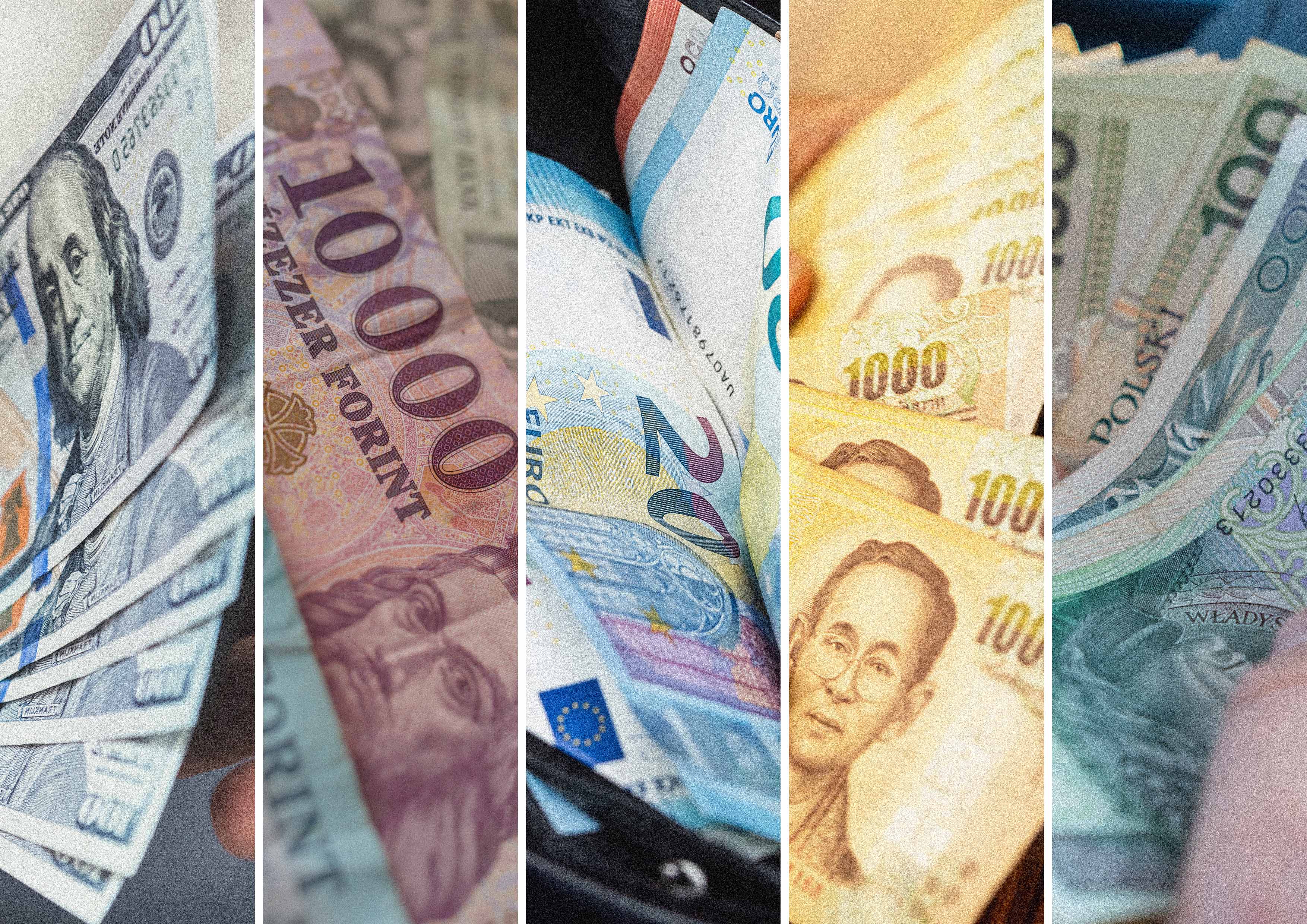 Nærbilde av sedler i ulike valutaer – amerikanske dollar, euro, thailandske baht, ungarske forint og polske zloty – arrangert side om side