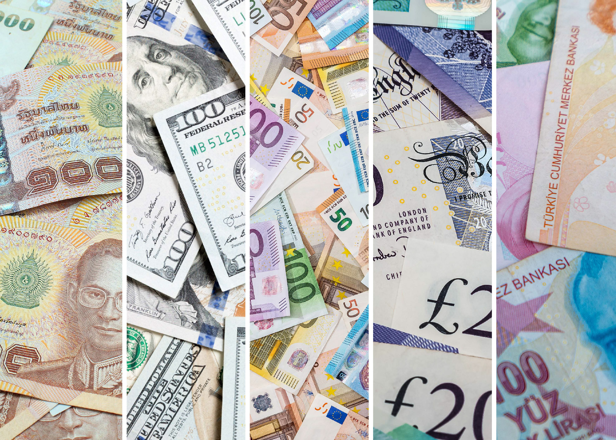 Ulike internasjonale valutaer inkludert amerikanske dollar, euro, britiske pund, tyrkiske lire og asiatiske sedler.