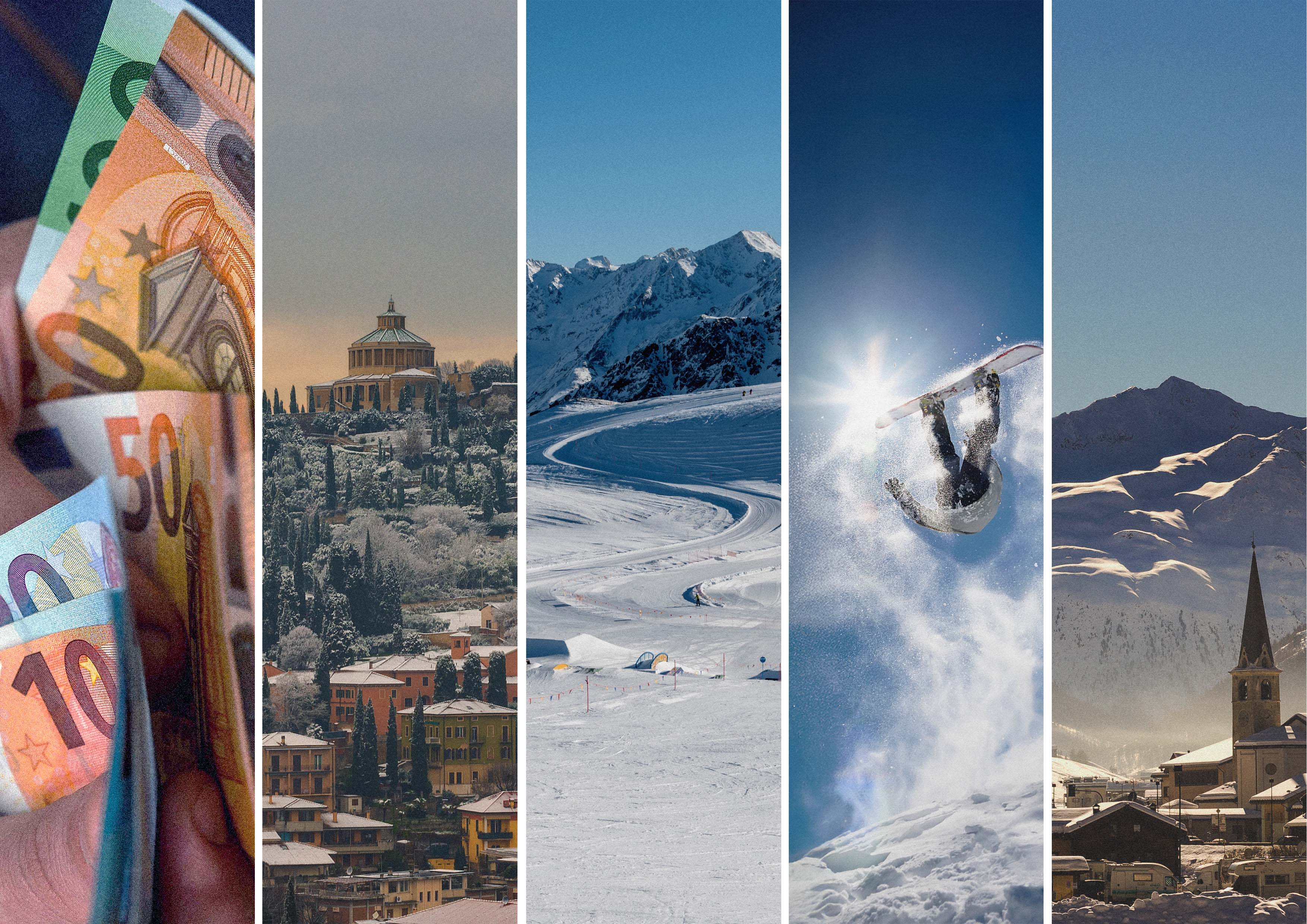 Euros in hand, Italian hillside town, snowy mountain landscape, snowboarder performing mid-air trick, church in alpine village.
