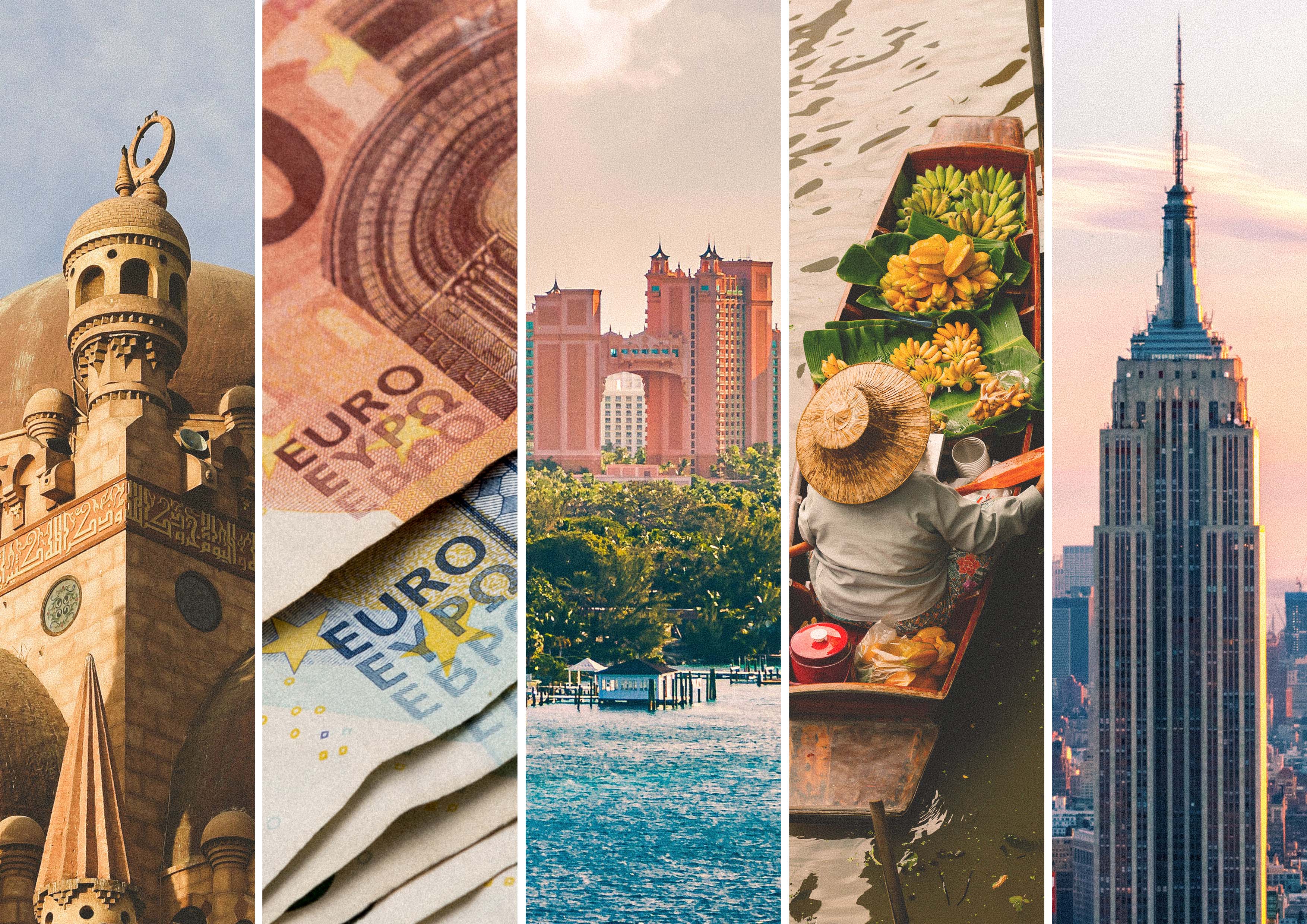 Kollasj med severdigheter, eurosedler, hotell, flytende marked i Thailand og Empire State Building som illustrerer reisemål, valuta og reisekostnader rundt om i verden.