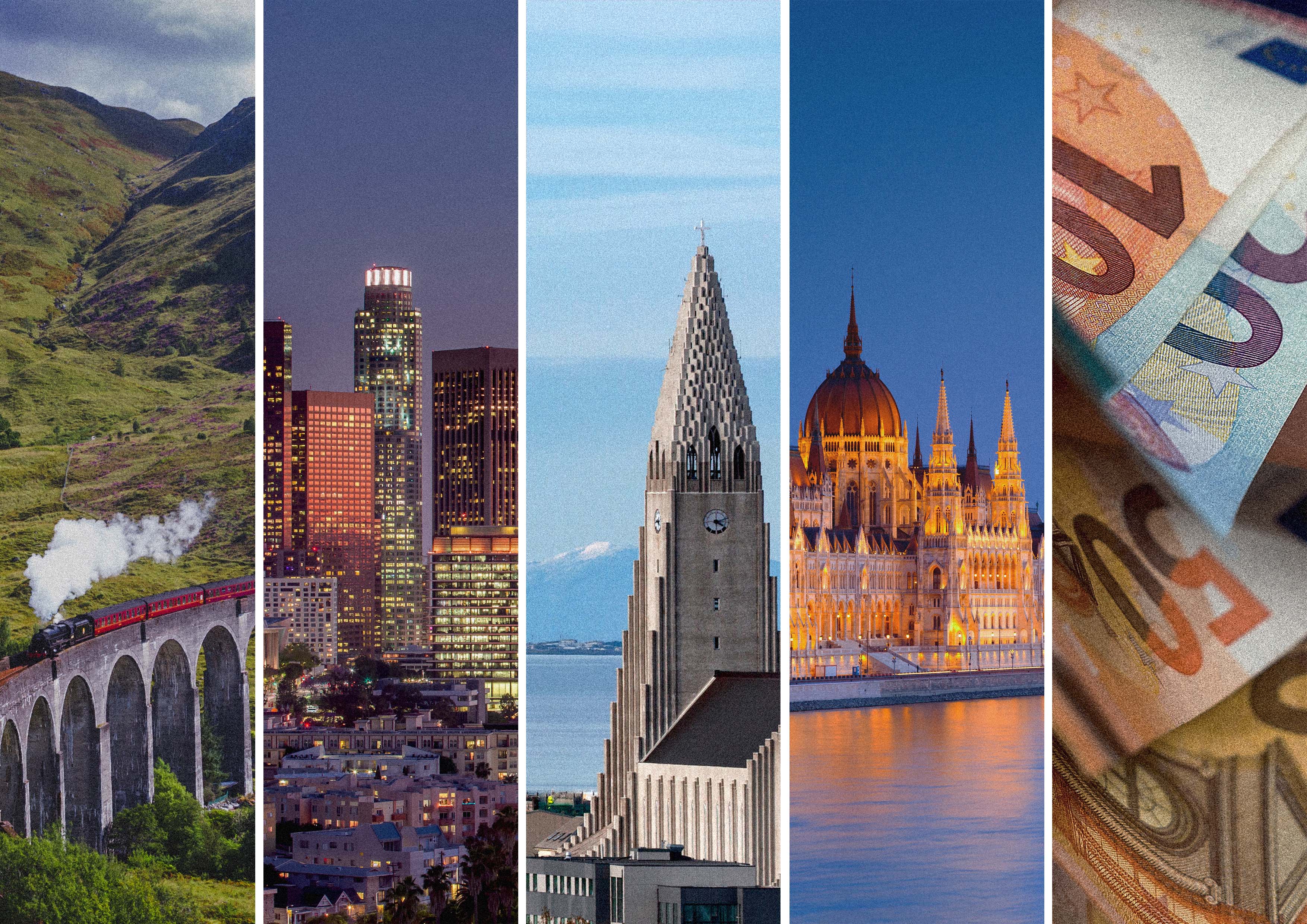 Railway bridge in Scotland, city skyline in Los Angeles, Hallgrímskirkja in Reykjavik, parliament building in Budapest and euro banknotes in collages.