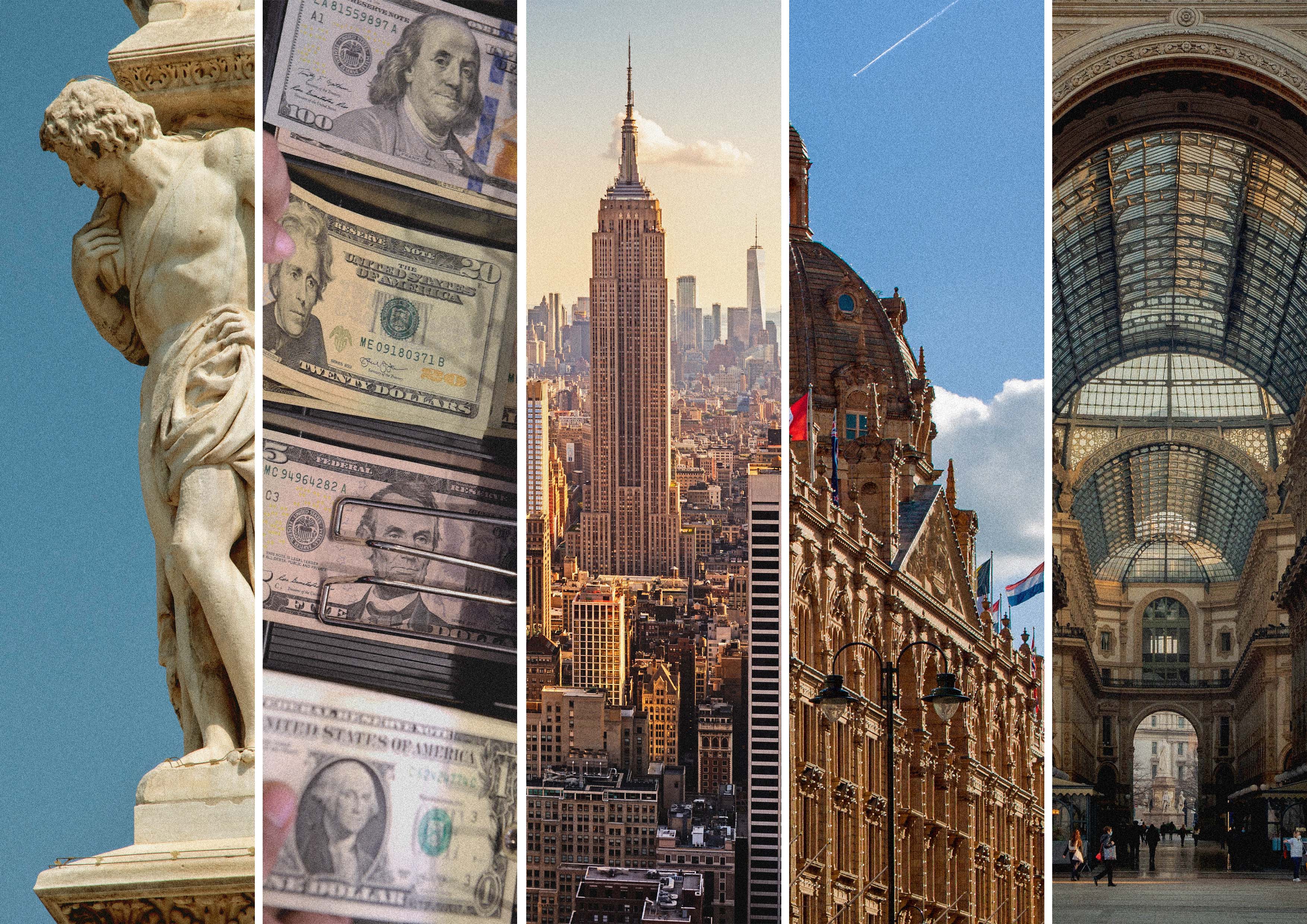 Statue of David, US dollar bills, Empire State Building, historic European architecture, and an ornate shopping gallery interior.