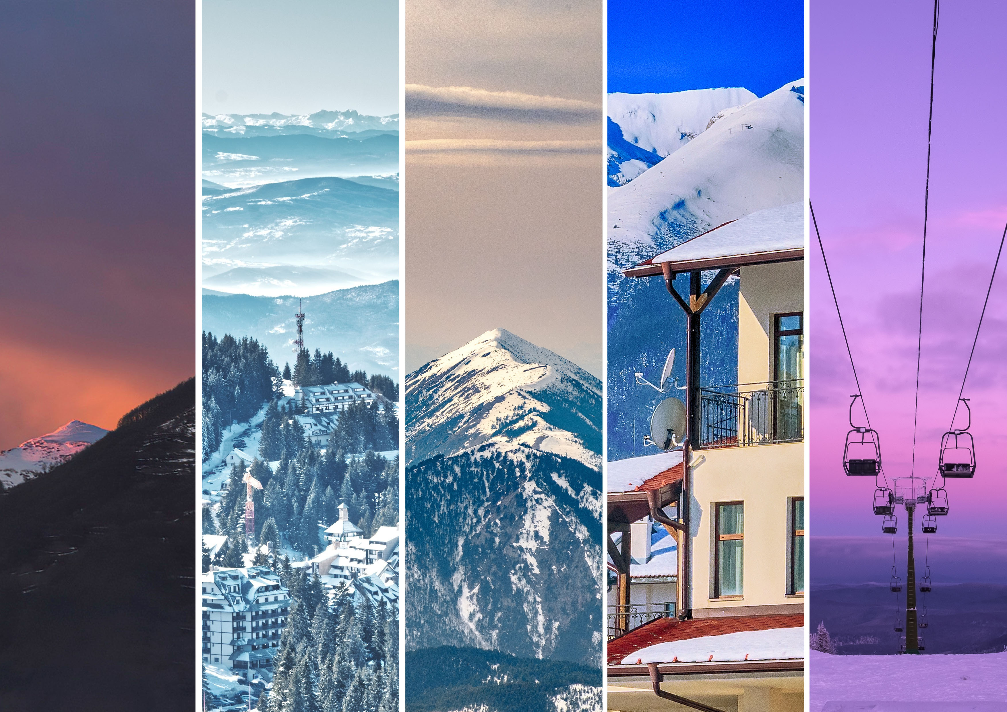 Panoramic collage of mountain landscapes, including snow-capped peaks, a ski resort with lodges and evergreen trees, a mountainside building with satellite dishes, and an empty ski lift against a purple sunset sky.