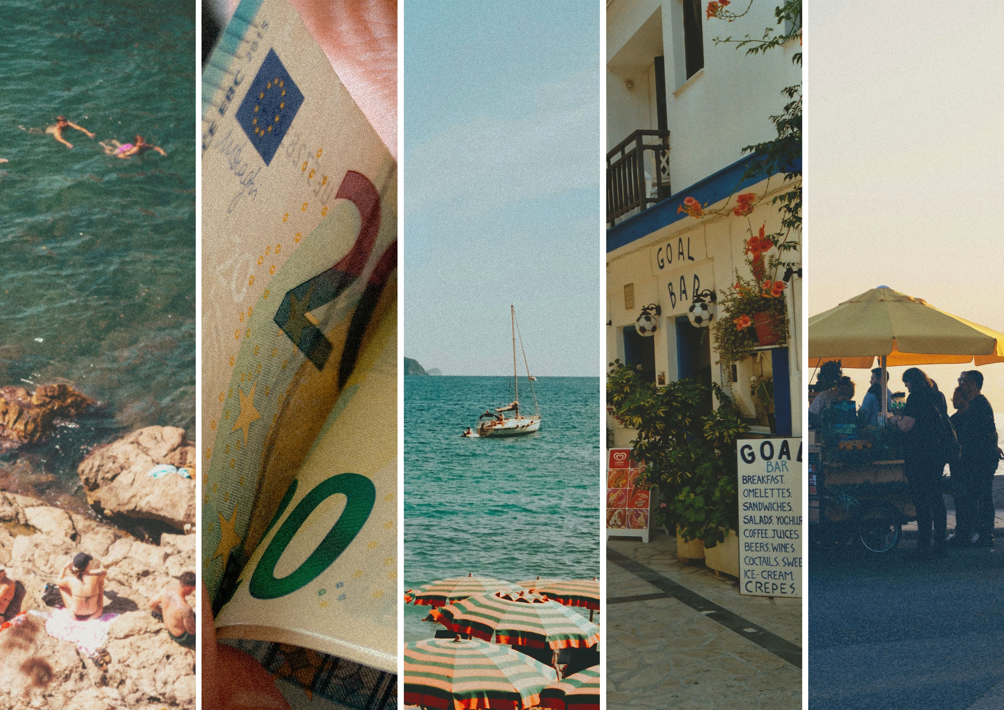 Collage med strandliv, badetøy, seilbåt og eurosedler som symboliserer strandferier, reisebudsjetter og turisme ved Middelhavet.
