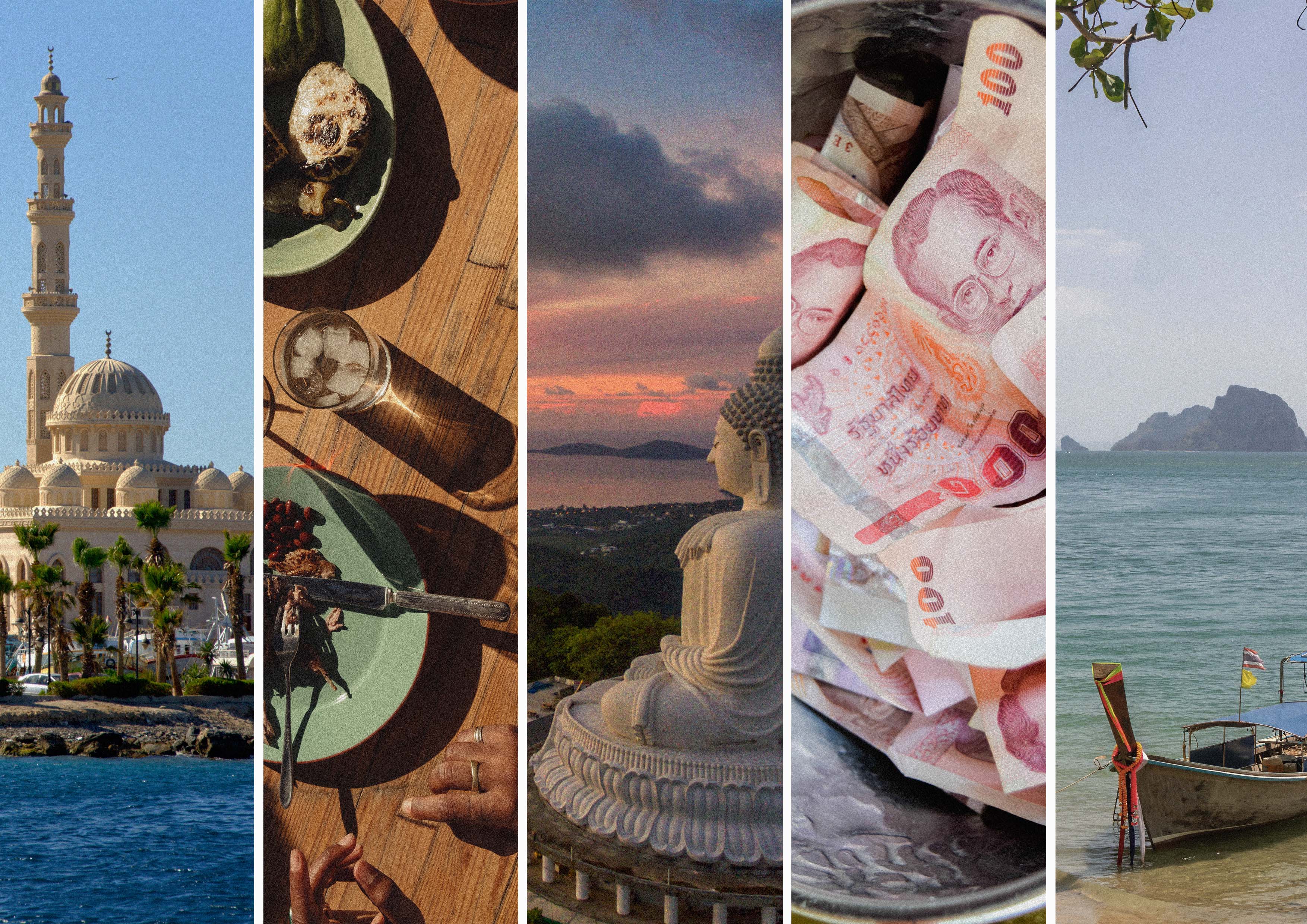 Collage of five travel-themed images: a mosque by the sea, a wooden table with food, a sunset view behind a large Buddha statue, stacked Thai banknotes, and a traditional boat on a beach.
