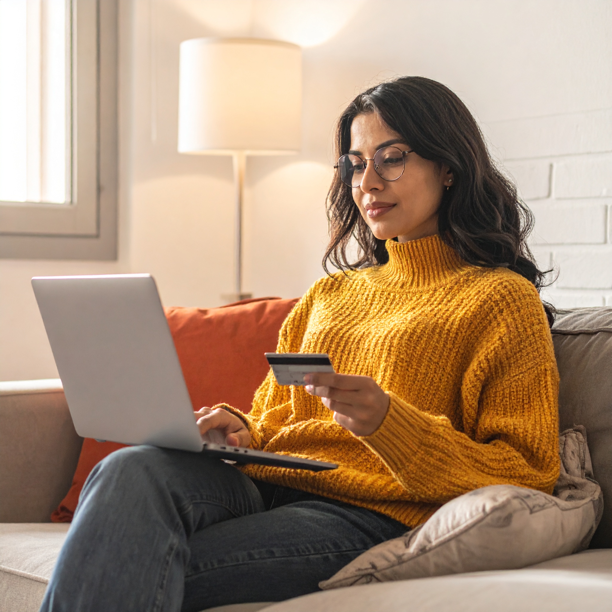 Woman in yellow sweater using laptop and holding credit card for online shopping, sitting on a cozy sofa in a well-lit room with soft lighting.