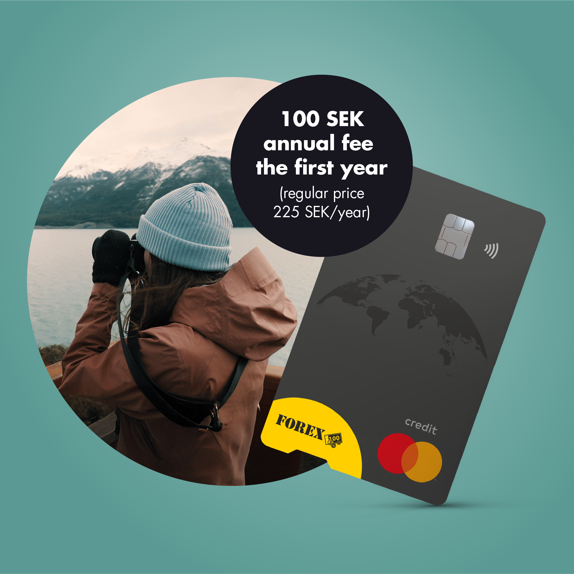 Woman with binoculars in front of mountains and lake, with an advertisement for a credit card offering a first-year annual fee of 100 SEK.