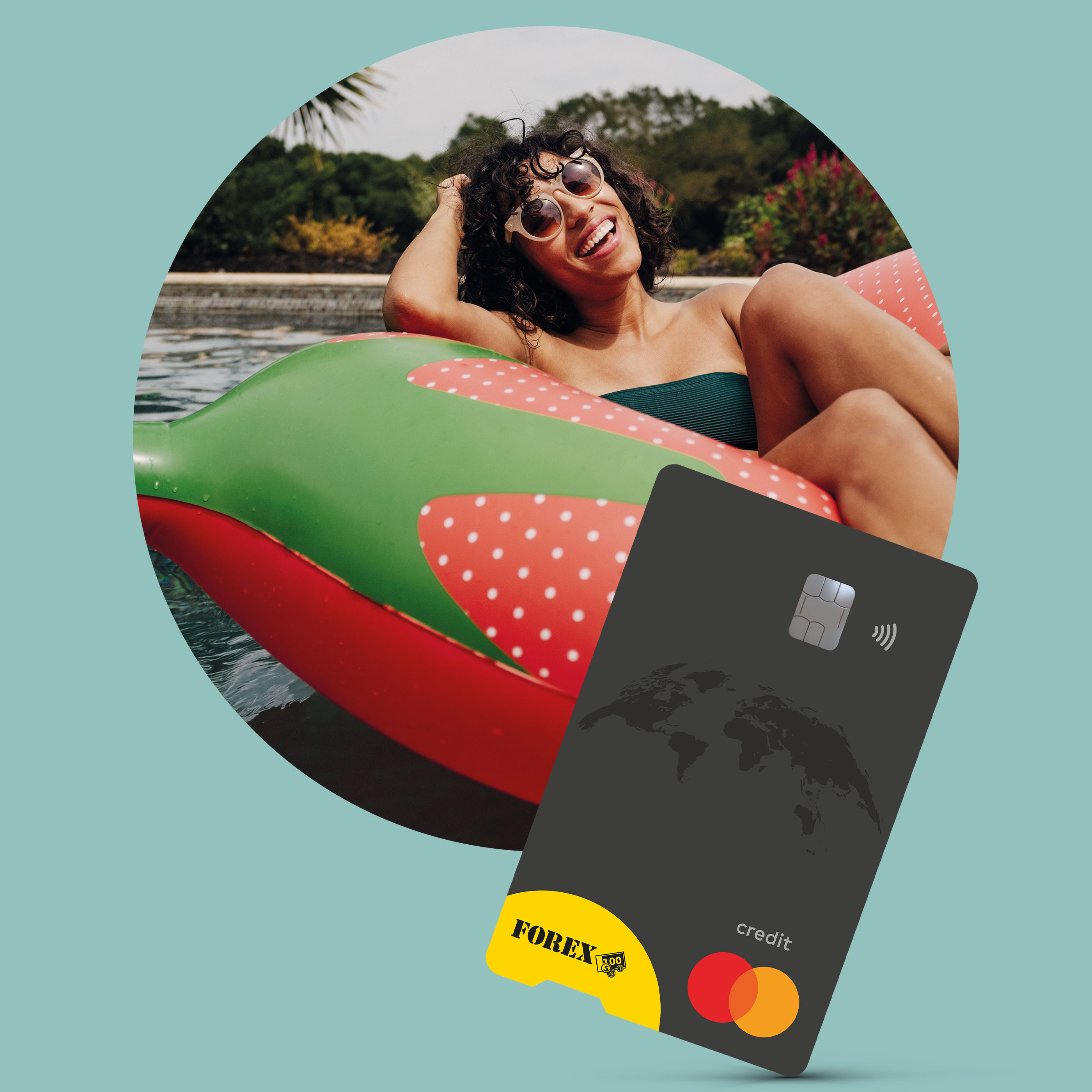 Smiling woman relaxing on an inflatable pool float alongside a FOREX credit card and an offer of SEK 0 annual fee for the first year. Image representing holidays, travel and convenient payments abroad.