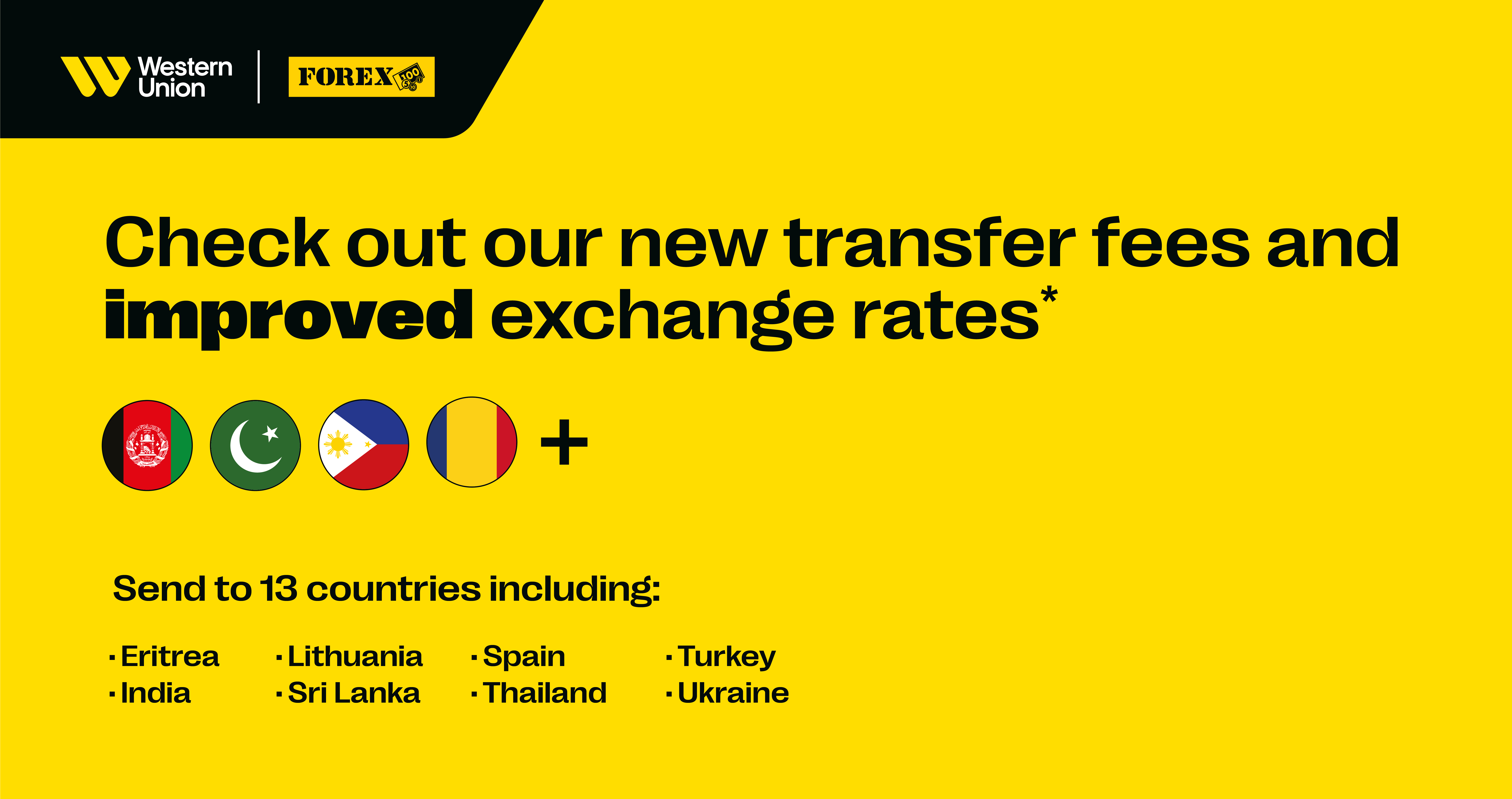 Western Union nye overføringsgebyrer og forbedrede valutakurser, logo og flagg inkludert Afghanistan, Pakistan, Filippinene og Romania, med flere land som Eritrea, India, Tyrkia.