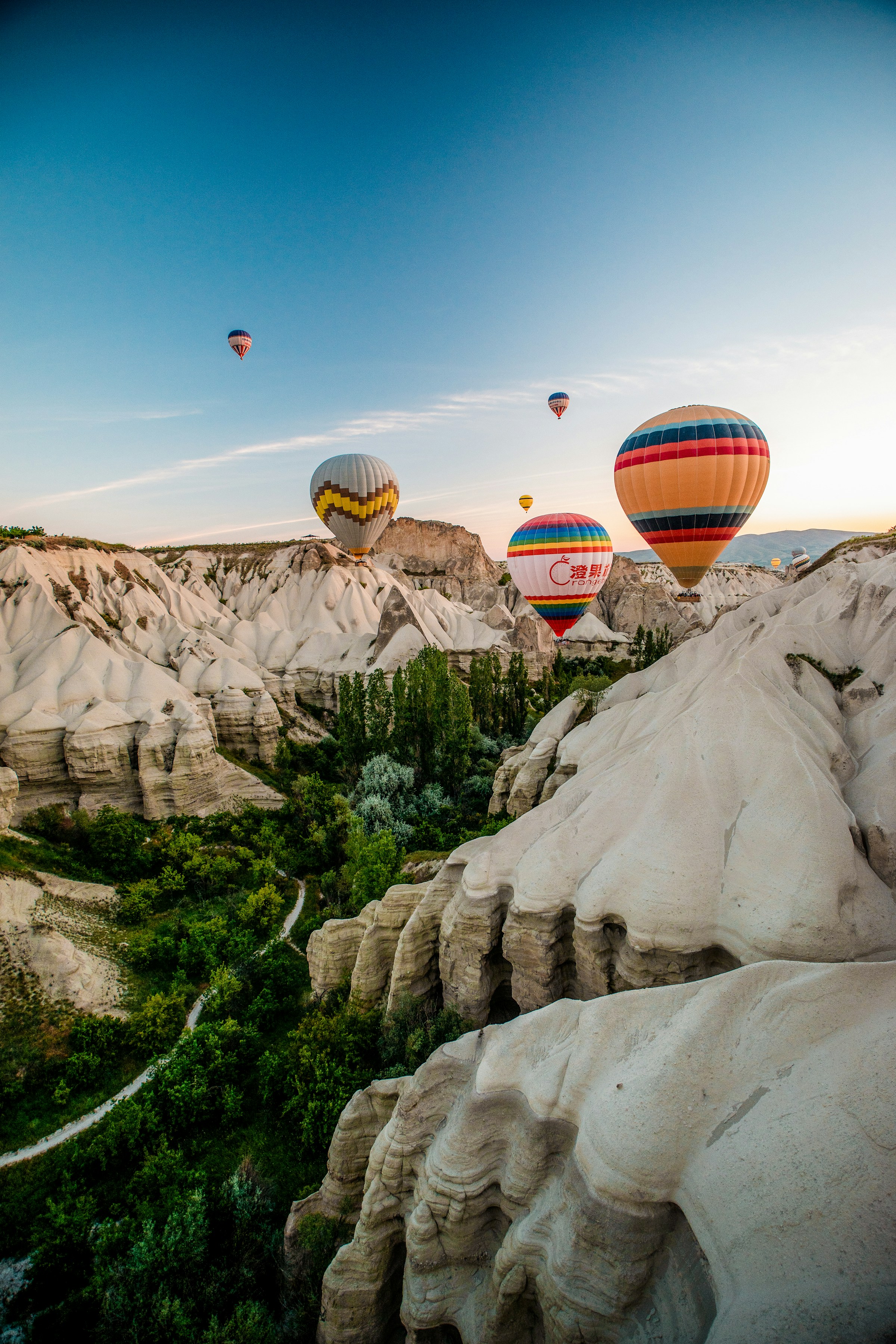Hot air balloons floating over unique rock formations and lush greenery in Cappadocia, Turkey, during sunrise.
