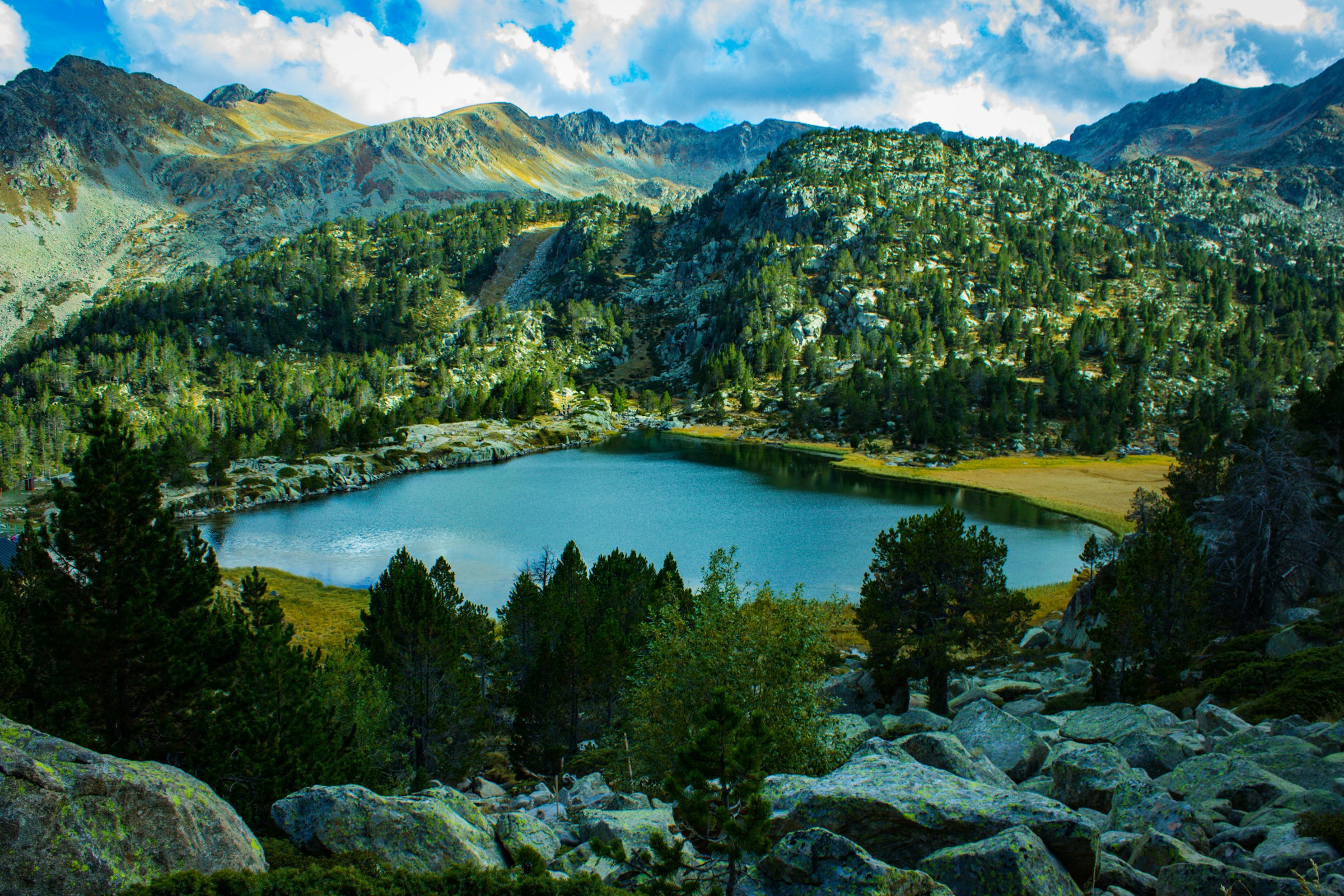 Mountain lake surrounded by green trees and rocky hills under a partly cloudy sky in Andorra.