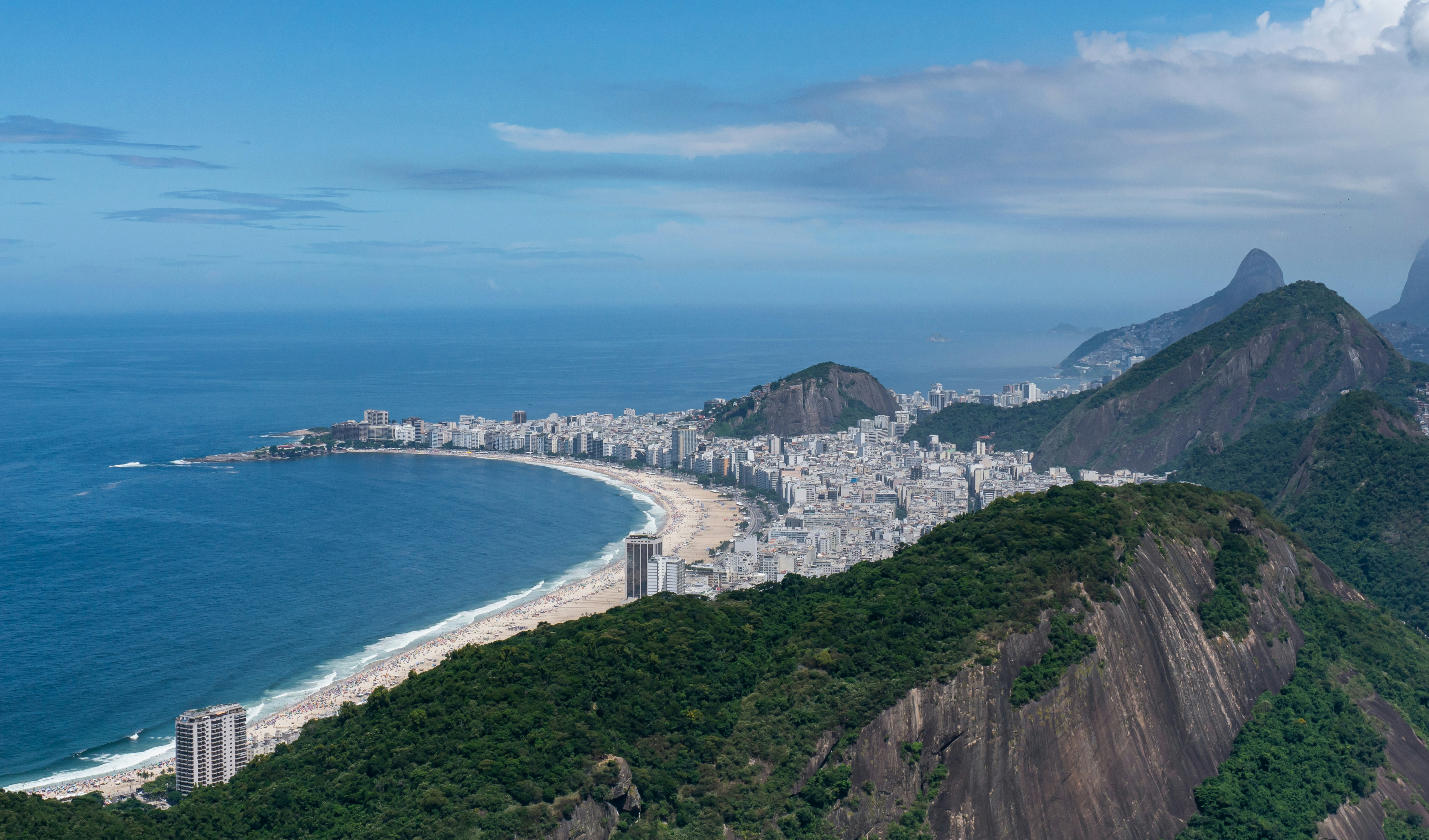Rio de Janeiro sett fra høyden med den ikoniske Copacabana-stranden og fjellandskap i bakgrunnen, blå himmel over byens skyline