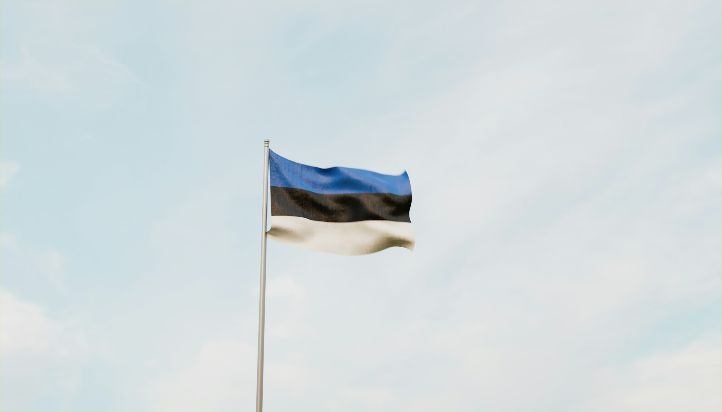 Estonian flag waving against a clear blue sky.