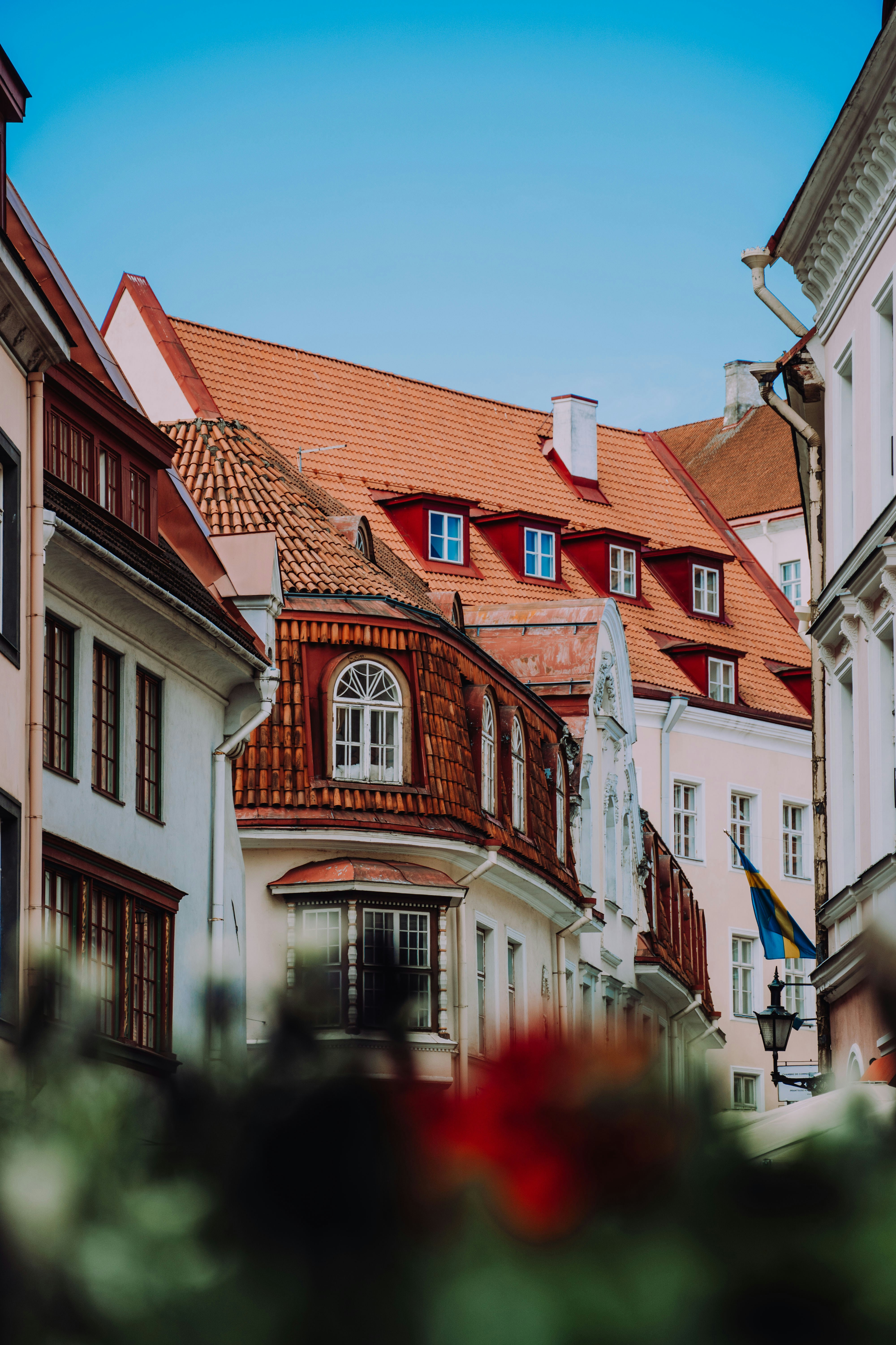 Gammel bygate med fargerike bygninger og rød takstein, under en klar blå himmel