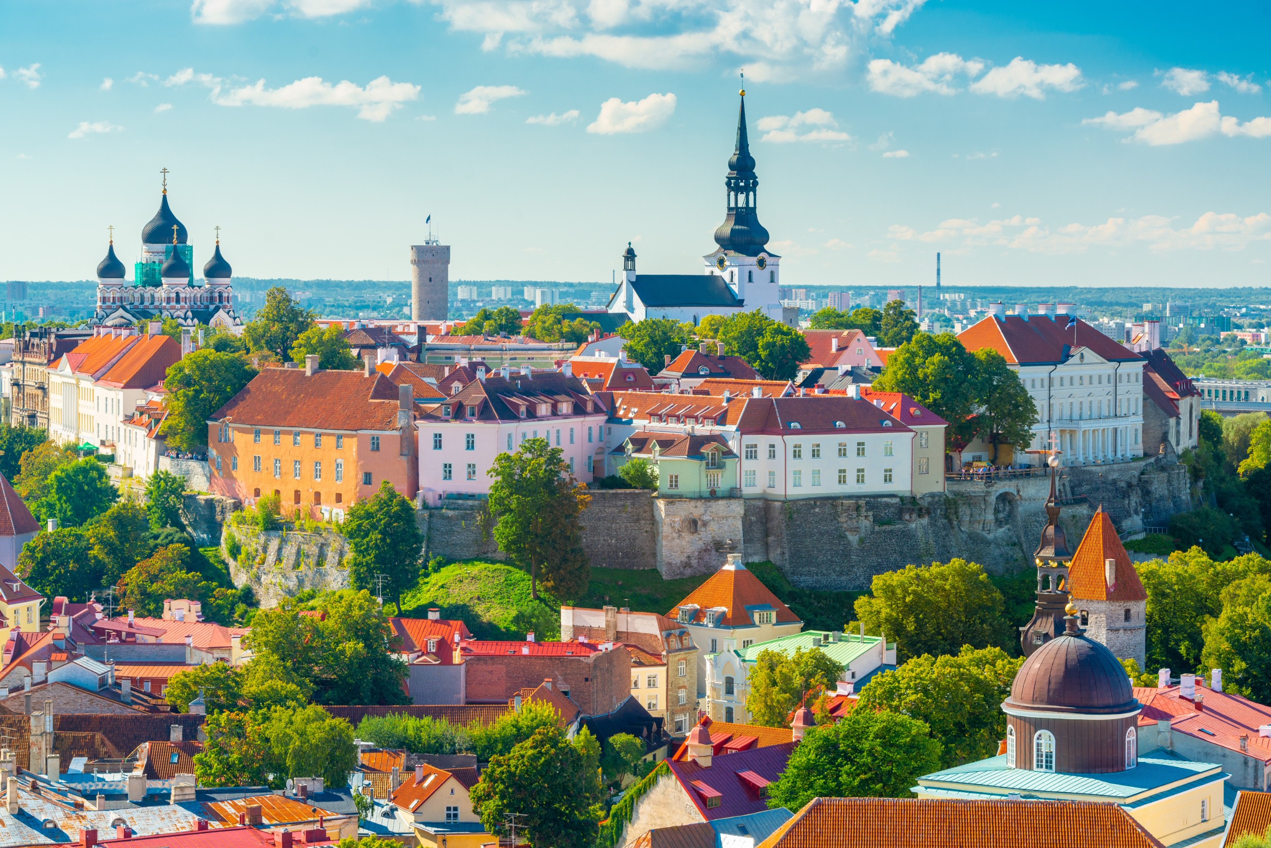 Panoramautsikt over Tallinns historiske gamleby med fargerike bygninger, kirketårn og middelaldersk festning under blå himmel