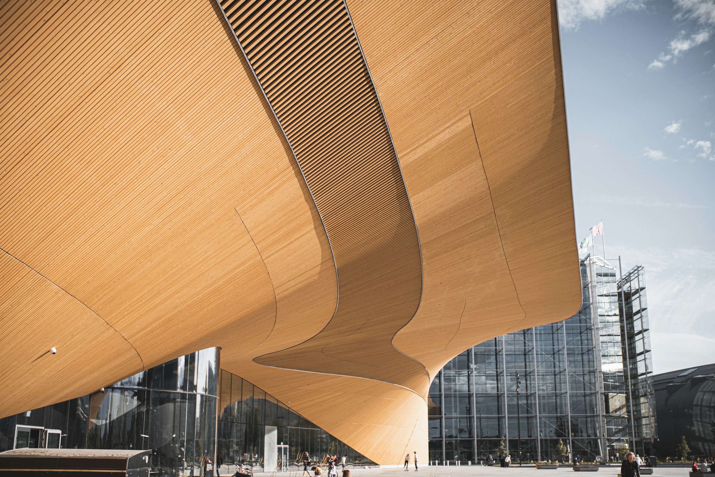 Modern architectural building with a sweeping, curved wooden roof and glass facade under a clear sky.