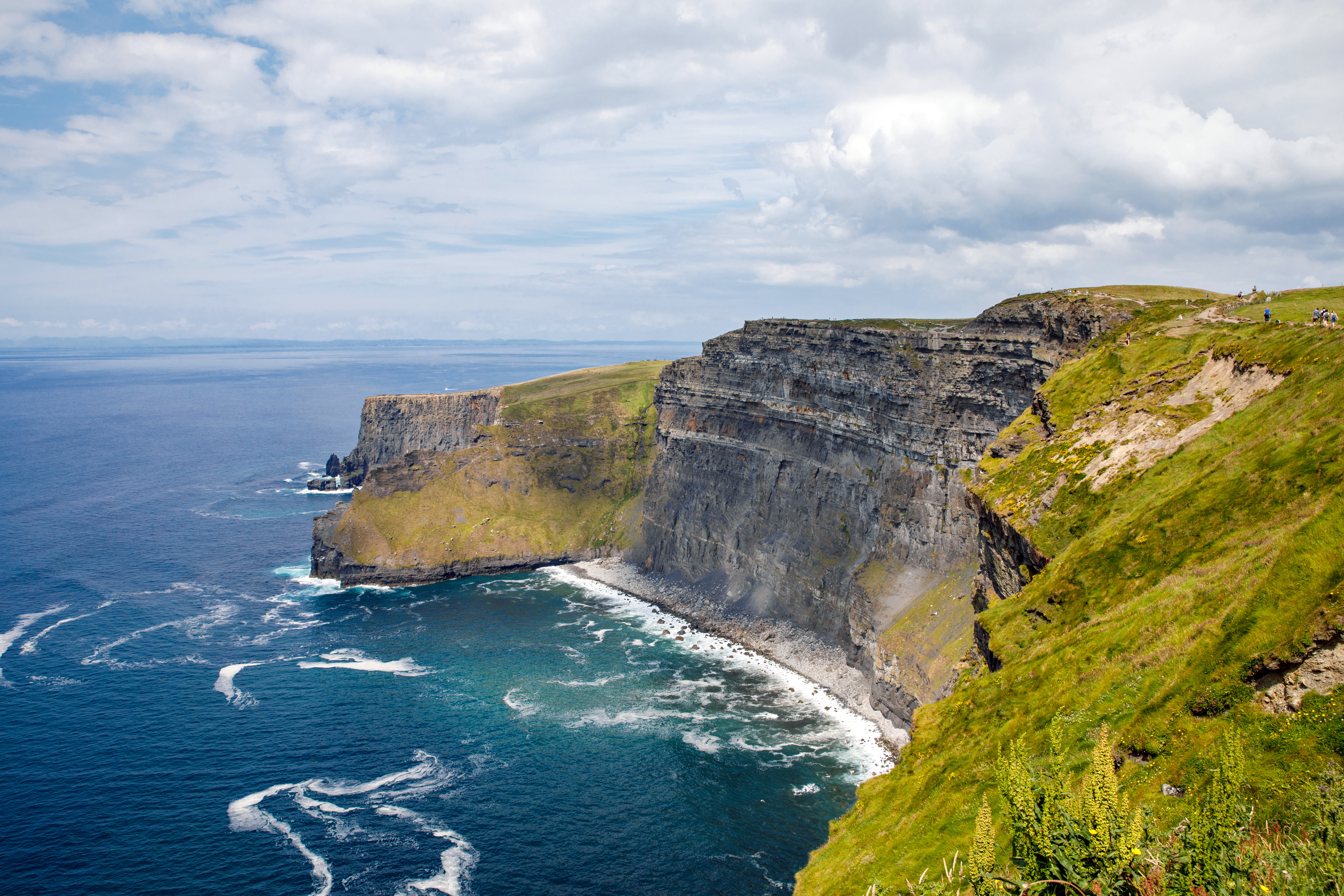Kystlinje ved Cliffs of Moher i Irland med dramatiske klipper mot Atlanterhavets blå bølger under en delvis skyet himmel