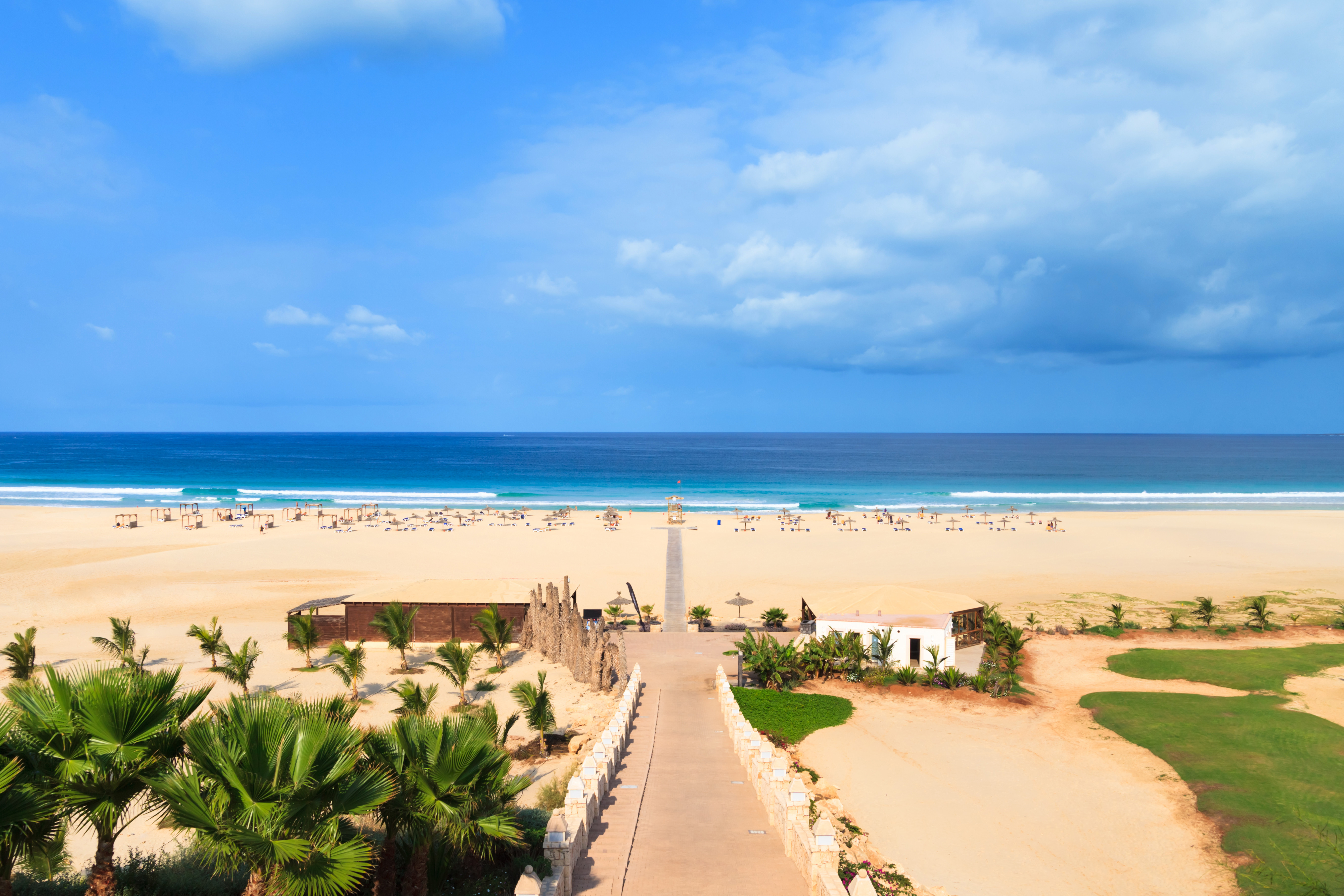 Travel to Boa Vista - Tropical beach with clear blue skies, palm trees, and a sandy shoreline leading to the ocean.
