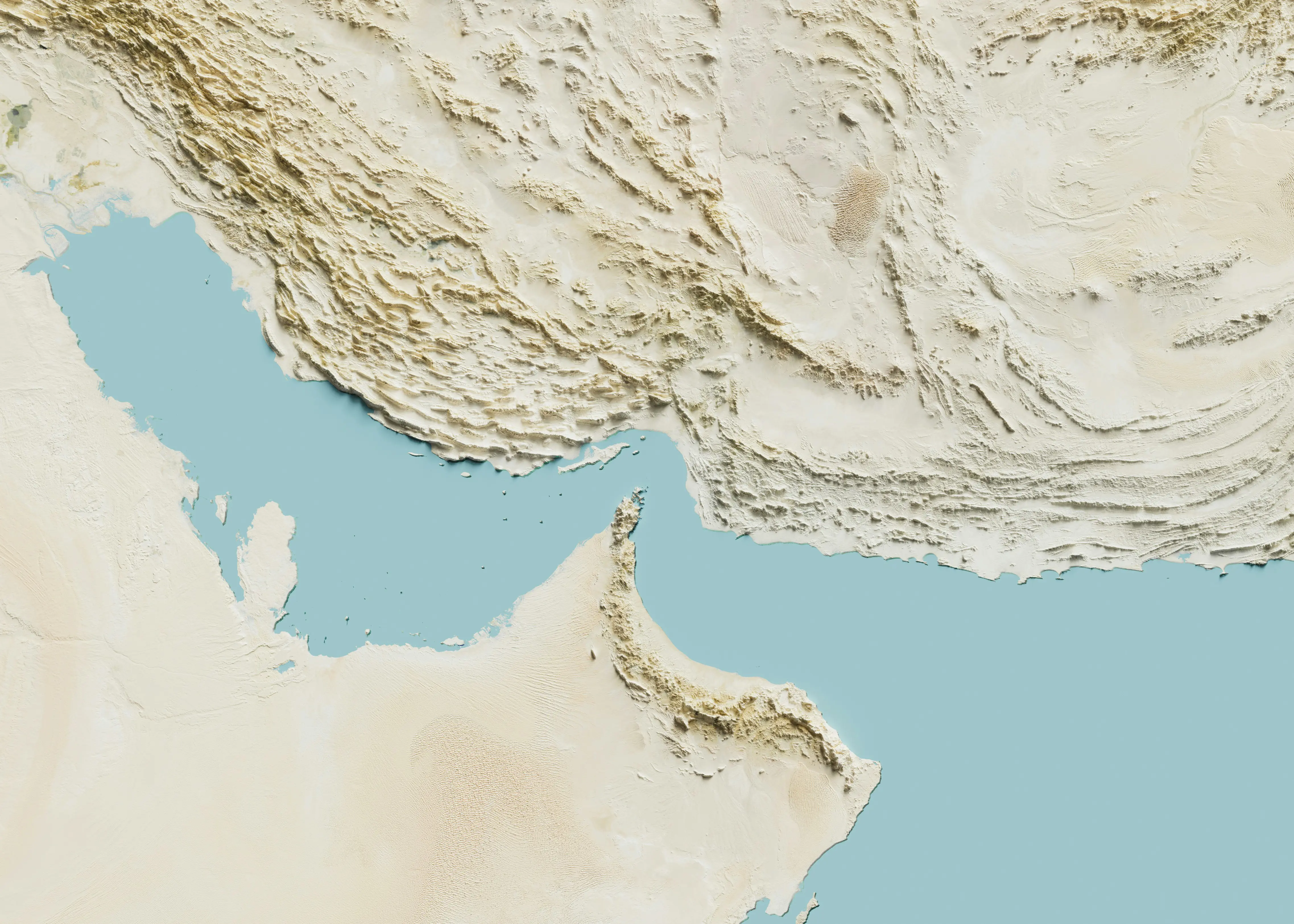 Kart over Persiabukta-regionen, som fremhever Irans fjellterreng i nord og Den arabiske halvøyens ørkenlandskap i sør, med Omanbukta i øst