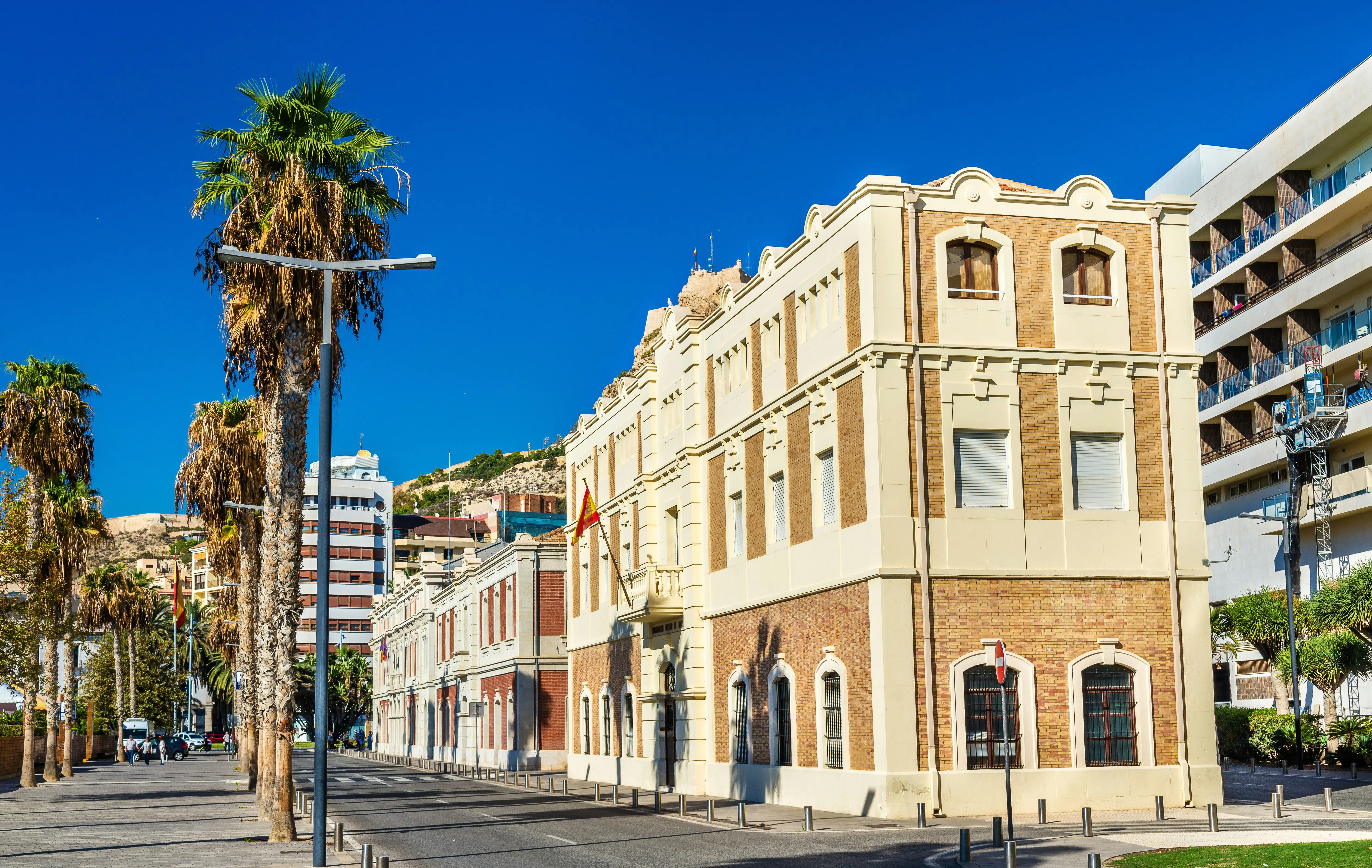 Historic building with palm trees lining a sunny street in Alicante, Spain, showcasing Mediterranean architecture against a clear blue sky