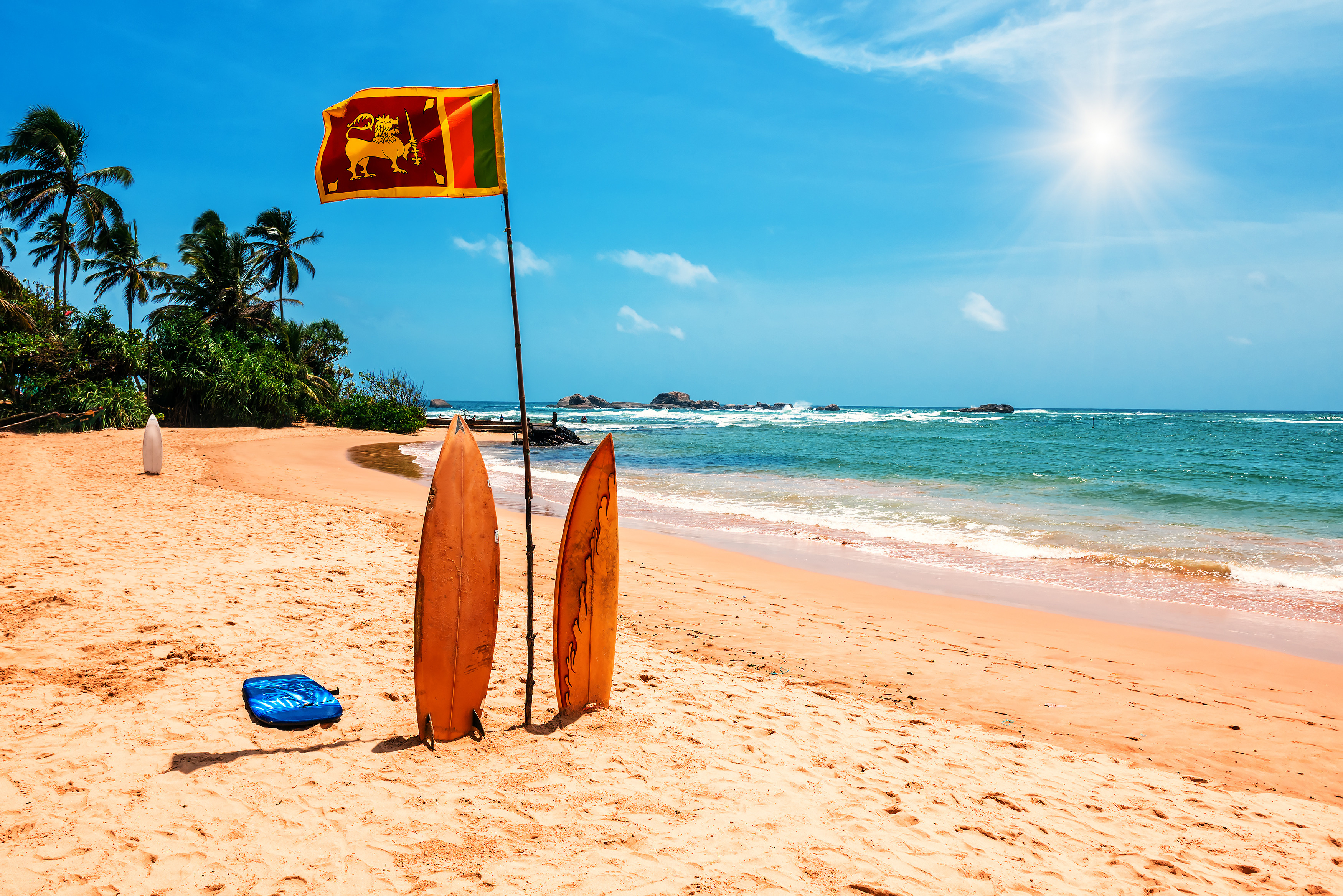 Sunny beach in Sri Lanka with surfboards, palm trees, a national flag, and clear blue skies