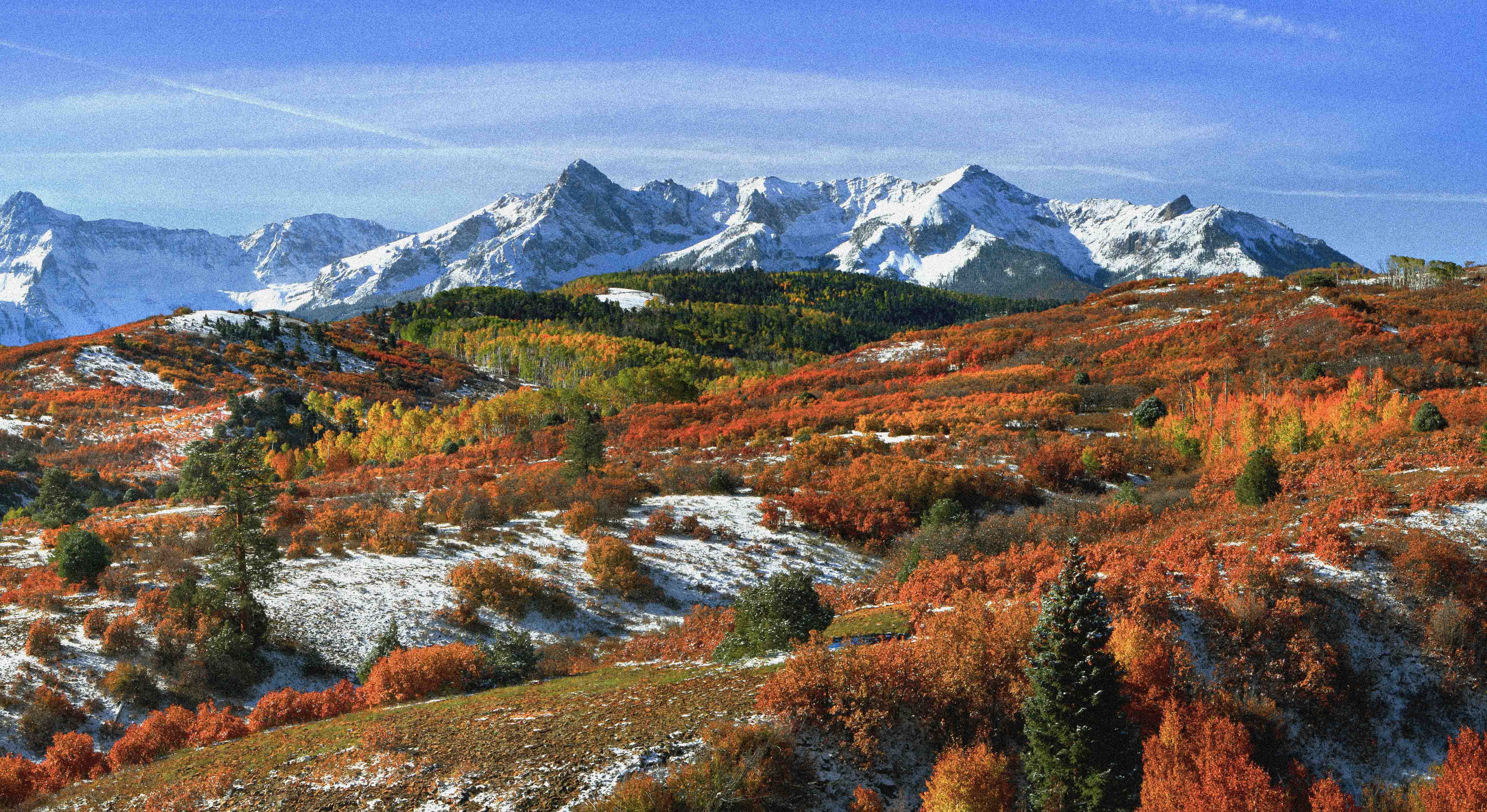 High alpine view with snow-capped mountains and colorful autumn leaves, under clear blue skies.