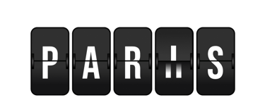 Svart-hvitt skilt med teksten "PARIS" i stil med en rullende rutetabelltavle.